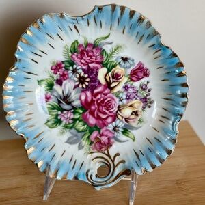 Vintage Trimont Ware Japan Floral Porcelain Plate, Scalloped Edge, Gold Detail